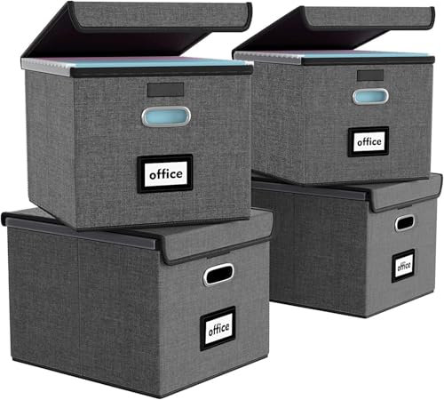 FINEW Stoff Faltbare Aufbewahrungsbox mit Deckel, Hängemappenbox für DIN A4 Hängeregister, Aufbewahrungsboxen für Büro, Faltbox für Familien (Dunkelgrau) 4pack