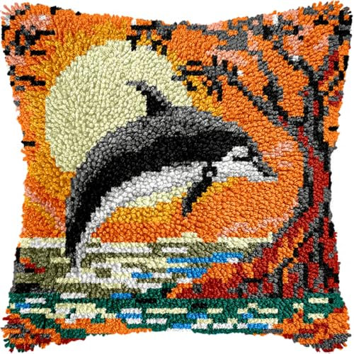 Kitquiver Diy Knüpfkissen Set Häkeln Sie Handarbeiten Mit Delfinen, Tieren Und Landschaften, Mit Knüpfhaken-Werkzeug Für Erwachsene, Diy-Set Für Handgefertigte Heimkissen, Dekoration 17x17in