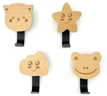 KAOTPO Garderobenhaken, Garderobenhaken kinder aus Holz, vier Stück im Set, mit Schwarzem Langen Haken, Garderobe Kinder Selbstklebender Kleiderhaken, Geeignet für Kinderzimmer (Stilvoll) (Tier)