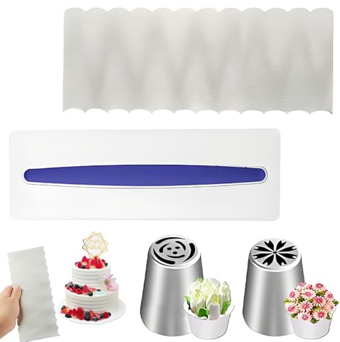Cake Scraper 2 Pcs, Double Sided Smoother, 2 Icing Nozzles | Cake Decorating Tools, Seamless Nozzles, Icing Scraper, Smooth, Durable, Easy Clean, For Baking, Cakes