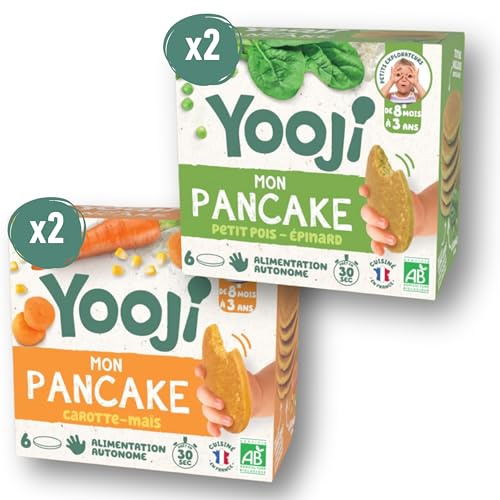 Yooji - Lot x4 Pancakes Petit pois Carotte bio pour repas bébé dès 8 mois - Introduction purée morceaux, Alimentation autonome et DME - 12 repas