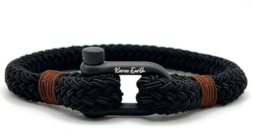 Mens Rope Bracelet, Durable Black Rope with Brown detail | Durable Nylon Marine Bracelet with scratch resistant stainless steel D-shackle | Handcrafted Nautical Wristband for Men