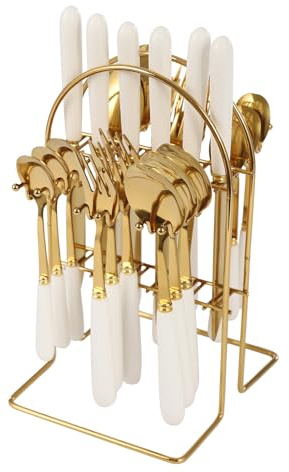 24-Piece Cutlery Set, Stainless Steel Cutlery Set with Stand, 24-Piece Home Safety Stainless Steel Silverware Set with Stand, Mirror Polishing Flatware Set Service (Gold+White)