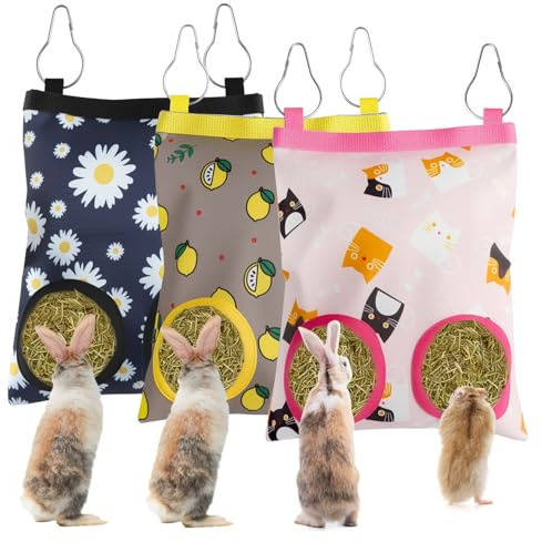 Huizak för kaniner, 3-delad uppsättning, hängande höhög för marsvin, chinchilla, hamster, 24 x 19 cm, med 2 hål, vattentät, robust och hållbar, för smådjur