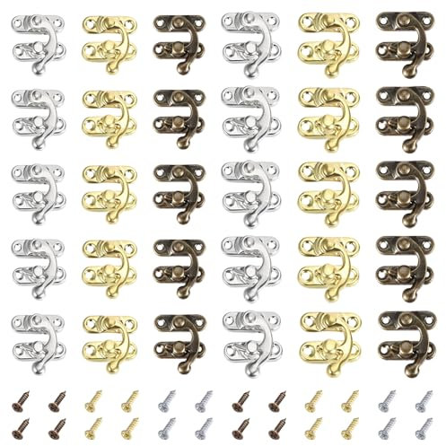 TRKETK 30 Piezas Cerraduras de época Cuernos Candado Gancho Con 120 Tornillos a Juego Hebilla de Gancho de Bloqueo Derecha Compacto Retro para Maleta Joyero Caja de Herramientas