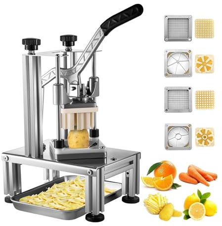 Fruit Potato Chipper with 4 Blades - Manual Vegetable Dicer, French Fry Cutter, Apple Corer, Non-Slip Feet, Easy to Use