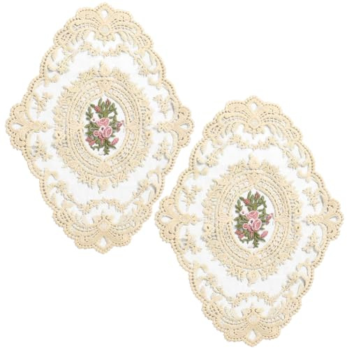 CREATCABIN 2 Set Table Brodé au Crochet Style Français en Dentelle Vintage Napperon en Dentelle au Crochet Dessous de Verre Motif Bouquet de Coton Rétro Vase à Café Creux pour Table et Cuisine Beige