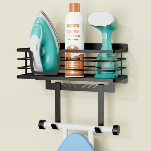 KES HIR502-BK - Supporto da parete per asse da stiro con capacità di 40,8 kg, 3 supporti resistenti per asse da stiro con ganci a forma di T&V, cesto portaoggetti extra large, non si rompe, viti