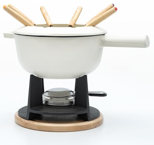 osoltus Fondue | Käsefondue | Fleischfondue Set Gusseisen 6 Personen Emaille | 13 TLG. inklusive Holzbrett und Fonduegabeln (weiß)