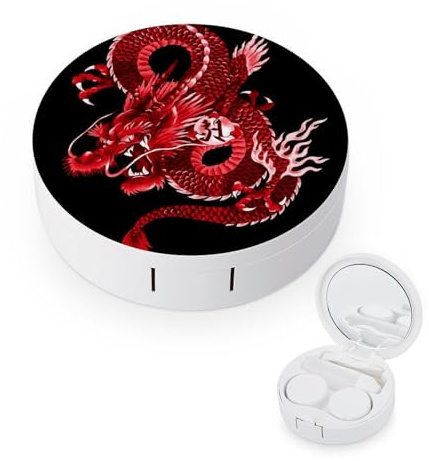 fkgvwo Contact Lens Container Dragon Red Travel Contact Lens Box with Mirror Tweezers Solution Bottle