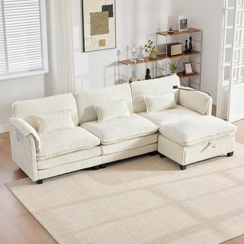FammyLoft Schlafsofa mit Bettkasten, Modulares Sofa mit Hockern, Ecksofa mit Schlaffunktion, mit USB-Anschluss, Seitentasche, Handyhalter, Ideal für Wohnzimmer und Home-Office, Beige