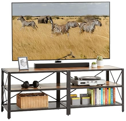 Relaxdays TV Lowboard with 4 Compartments, Open Shelf for 60-Inch TVs, 52x140x39 cm, Brown/Black