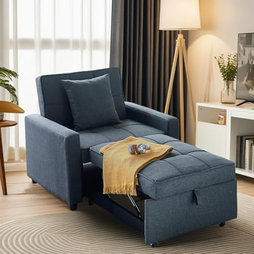 Trygoal 3-in-1 Convertible Sleeper Chair, Pullout Chair with Extra Pillow, Recliner Sofa Bed with 4 Adjustable Angles, Convertible Lazy Sofa Bed for Small Spaces Home Office, Blue