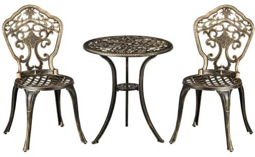 Outsunny Set Bistrò da Giardino 3 Pezzi con Foro per Ombrellone Bronzo | 2 Sedie da Giardino e Tavolino Rotondo, Set Tavolo e Sedie in Alluminio, per Patio Cortile Esterno