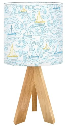 RAINFALLARING Tripod Bedside Table Lamp for Bedroom Seamless Ocean surf Wave Ships Blue Sailboat Cute for Nightstand Lamps Desk Lamp with Linen Fabric Shade for Nursery Room Living Room Kids Room