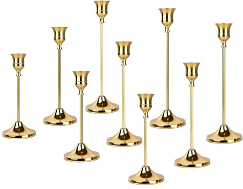 9 Stück Kerzenständer Set, Messing Gold Kerzenständer aus Metall für Spitzkerzen; Vintage Kerzenhalter, Hohe & Kurze Candle Holders für Hochzeiten, Partys, Abendessen (Messing Gold)