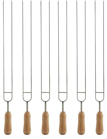 Pique A Brochette Avec Manche En Bois Brochettes de Barbecue à Long manche, Shish Kebab, bâton gril en bois, fourchette acier inoxydable for l'extérieur 6 pièces