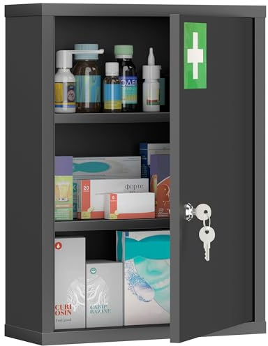 kleankin Medizinschrank mit 3 Fächer Abschließbar 40x15x53,5 cm Schwarz