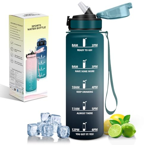 Motswedi Trinkflasche 1l, mit Strohhalm, Trinkflasche Sport, Auslaufsichere, Sportflasche, mit Zeitmarkierung, Motivation Sport Wasserflasche, für Camping, Yoga, Gym, Dunkelgrün & Grau