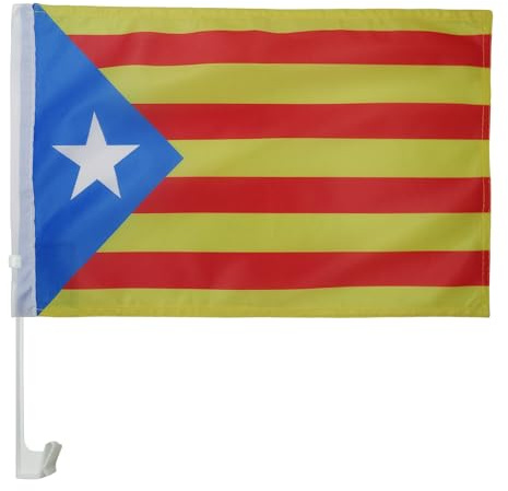 AZ FLAG Bandera de Coche Cataluña Estelada Blava 45x30cm, Banderina Auto Catalana Independentista, Banderita ventana coche Catalunya, Car Flag | Uso exterior Enseña para coche catalana acabado cosido resistente al exterior con mástil de plástico poliéster de malla