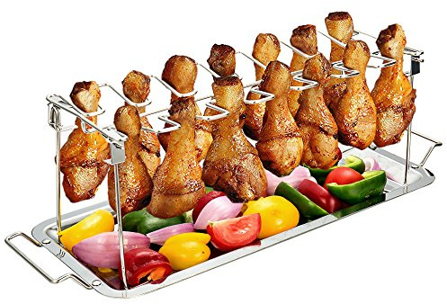 G.a HOMEFAVOR 14-Slot Chicken Leg Rack for Grill & Wings - Premium Stainless Steel Foldable Roasting Rack with Detachable Drip Pan, Dishwasher-Safe BBQ Accessories for Oven, Grill, Camping, Parties