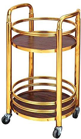 Servierwagen Barwagen Massivholz Kann Bewegen Gummirad 2 Tabletts Rostfreier Stahl Mit Leitplanke Runder Tisch Küche, Last 20 Kg, 2 Farben (Farbe : Gold, größe : 40 x 74 cm)