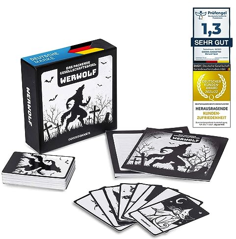 GOODS+GADGETS® Werwolf Kartenspiel mit 45 Karten, Deluxe Partyspiel | Spannendes Gemeinschaftsspiel, komplette Erweiterung mit 30 Charakteren, 8-24 Spieler, Werwoelfe Rollenspiel ab 10 Jahren