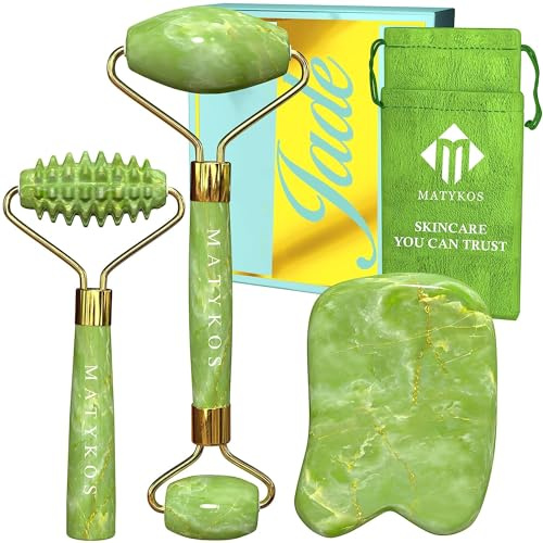 Certified Jade Roller for Face and Gua Sha Skin Care Tools by Matykos - Certified Green Xiuyan Stones - Anti Aging Massage Products for Lymphatic Drainage and Wrinkles