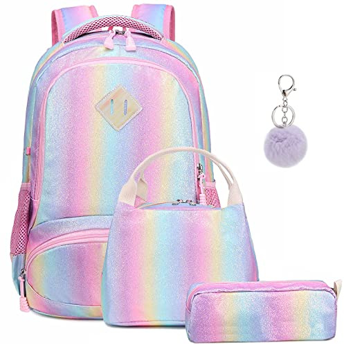 A AM SeaBlue Sac à Dos Cartables Filles Enfant École Primaire Glitter Arc En Ciel Set