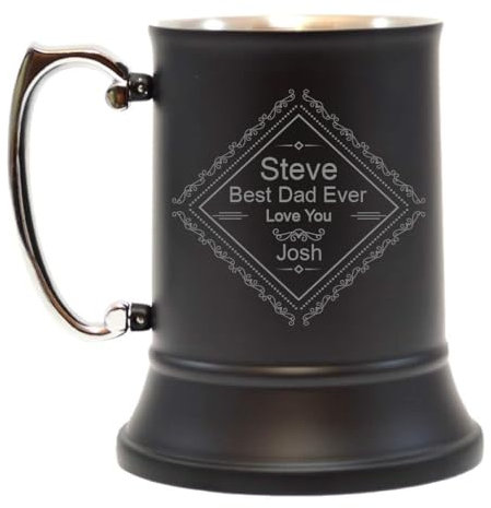 Personalised Stainless Steel Tankard Beer Stein | Vintage Ornate Engraved Black Beer Mug for Men | Personalised Gift for Birthdays Anniversaries Weddings | Customise with Any Name or Message, 500 ml