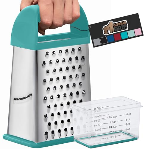 Gorilla Grip 4-Sided 100% BPA-Free Cheese Grater With Container, Stainless Steel Box Graters, Parmesan Shredder, Grate Cheeses, Shred Veggies, Slip Resistant Handle, Dishwasher Safe Zester, Turquoise