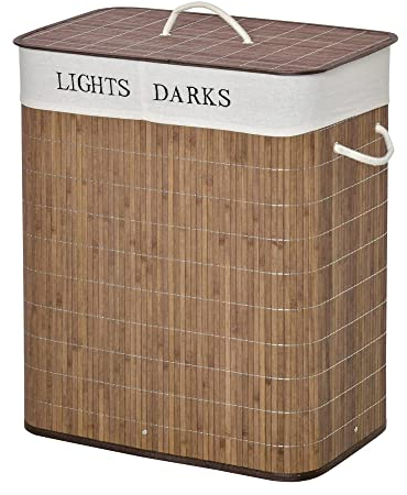 HOMCOM Cesto Portabiancheria in Bambù da 100L, Cesto Portabiancheria Salvaspazio con Coperchio e Maniglie, Moderno, Sacco in Tessuto, 2 Scomparti per Panni Sporchi, Marrone