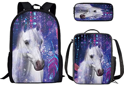 Binienty Jungen Rucksack Kinder Elementary Bookbag Schultasche mit isolierter Lunchbox Tragetasche und Federmäppchen, Pferd 3, Einheitsgröße