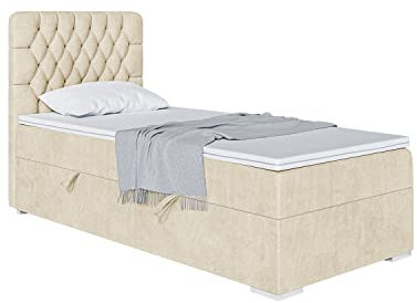 MEBLINI Boxspringbett mit Bettkasten - Gepolstert Einzelbett mit Matratze und Topper - Polsterbett mit Stauraum - Bett mit Kopfteil - Stauraumbett - Dalia - 80x200 Rechts - H3/Beige Samt