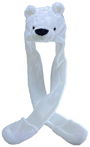 YLfly Plüsch-Tiermütze, 3-in-1-Mütze mit langem Schal, Fäustling-Kombination, volle Taschen, Ohrkappe, Kapuzenpullover, Handschuhe, Weihnachten, Halloween, Party-Kostüm, eisbär, M