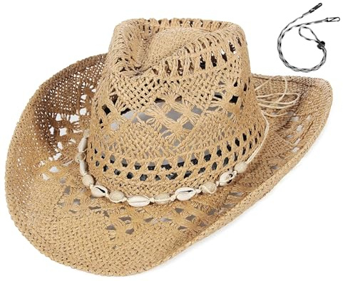 EOZY Men & Women's Summer Cowboy Cowgirl Straw Hat Hollow Out Style Roll Up Brim Beach Sun Hat for Ladies Brown Shell Band
