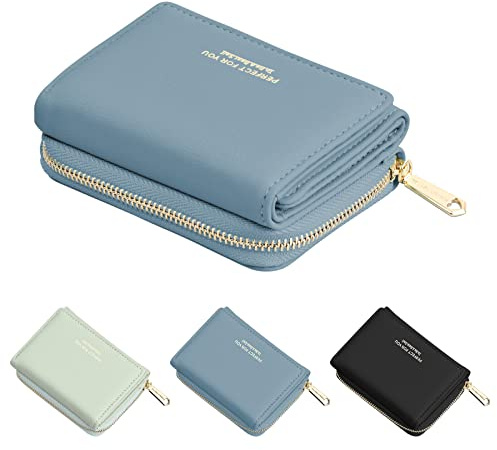 Laughhe Geldbeutel Damn, Mini Geldbörse Damen Leder Portemonnaie Klein und im Kurzformat, Kleine Brieftasche Geldtasche Damengeldbörsen mit vielen Fächern für Frauen Mädchen (Blau)