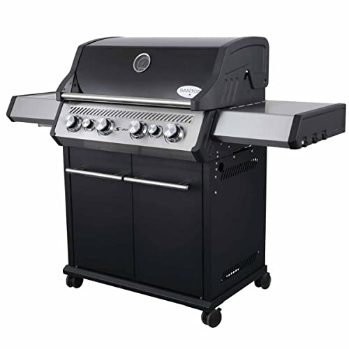 SANTOS Gasgrill S-418 schwarz - 4 Hauptbrenner, 800 °C Grillzone, Heckbrenner/Backburner, Gussgrillroste - inkl. Drehspieß, Rostheber & Silikonablage