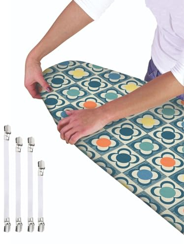Bügelbrettbezug – universelle Passform – 120 x 40 cm + 4 Stück Bügelbrett-Befestigungsclips (Geo-Blume)