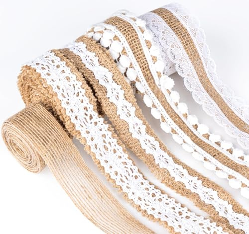 Adorfine Juteband mit Spitze, 5x2M Vintage Juteband Natur Stoffband Jute Rolle Spitzenband für Weihnachten Hochzeitsdeko Tischdeko Glasflasche DIY Handwerk Basteln Party