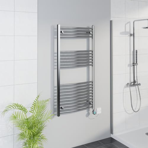 Warmehaus WiFi Electric Curved Heated Towel Rail Timer 1200x600mm Chrome | Thermostatic, Smart LCD Display, Child Lock, T Piece, Prefilled, Electric Heated Towel Rail Warmer, Mild Steel
