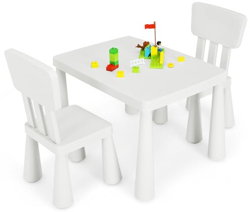 HOMGX Toddler Table and Chair Set, Plastic Kid Activity Table & 2 Chairs, 3-Piece Children Playroom Furniture Set for Reading, Writing & Painting, Kids Table and Chair Set for Age 3-7 (White)