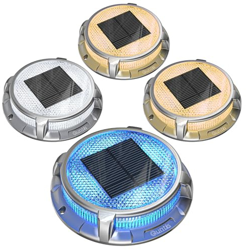 Quntis Solar Bodenleuchten Außen Aluminium Warmweiß Kaltweiß Blau 4 Pack | IP68 wasserdichte Solar Deck lights Outdoor 20 Tonnen belastbar Solarleuchten Garten Treppen Gehwege Pfade Balkon