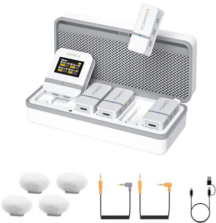 comica Vimo Q 4 Channel Wireless Lavalier Microphone System with Noise Cancellation, 4 Audio Tracks Output, 656ft Range, Wireless Mic for DSLR Camera, iPhone, Android,Recording Livestream(White)