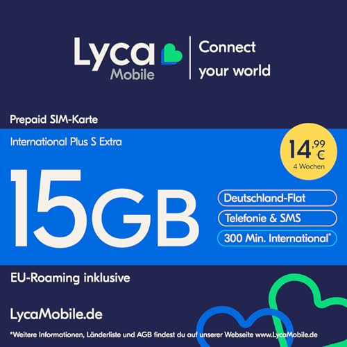 Lycamobile International Plus S extra Prepaid Smartphone SIM Karte ohne Vertrag inkl. 15 GB Datenvolumen