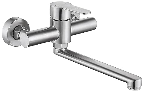 HomeLava Grifo Cocina de Pared con 30cm Caño Largo Giratorio, Giratorio 360°, Grifo de Cocina Fría y Caliente de Acero Inoxidable 304 para Fregadero, Cepillado