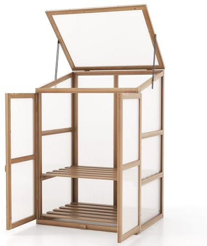 COSTWAY Wooden Mini Greenhouse, Garden Cold Frame with 2 Removable Shelves, 2 Doors and Flip Top Roof, Outdoor Vegetable Flower Plant Transparent Growhouse for Patio Balcony Backyard