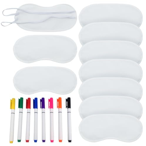 FSSTUD 10 Stück weiße Augenabdeckungen, Party-Spiel-Augenmasken, Schlafschatten, Augenbinde, Satin-Augenabdeckung, Schlafmasken, Reise-Schlafmasken mit 8 Stoffmarkierstiften für Mädchen und Kinder