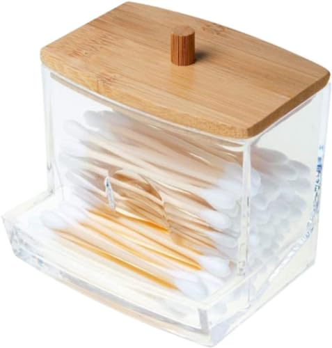 ViLLeX Make-up-Organizer, Q-Tip-Wattestäbchenspender, Ohrstöpseldose, Schminktisch-Organizer, Kosmetik-Aufbewahrungsbehälter, Transparenter Wattepad-Halter Mit Bambusdeckel, Für Badezimmer (B)