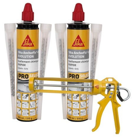 SIKA - Lot de 2 cartouches de scellement chimique à prise rapide - Fixation d'objets lourds - Int/Ext - Scelle store, volet, portail, radiateur - Ton pierre - 300ml + Pistolet d'application